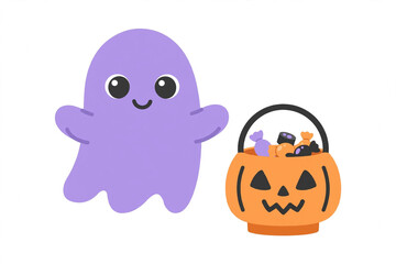 Fototapeta premium Cute friendly cartoon ghost with candy bucket flat vector clipart