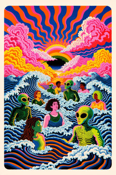 Psychedelic Party of Humans and Aliens Swimming in Ocean Under Solar Eclipse