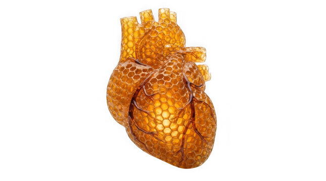 Anatomical human heart sculpture made of golden honeycomb pattern isolated on transparent background