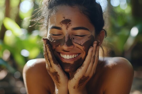 Smiling woman with eyes closed covered in a brown mud mask, hands on cheeks, in a lush green outdoor sett