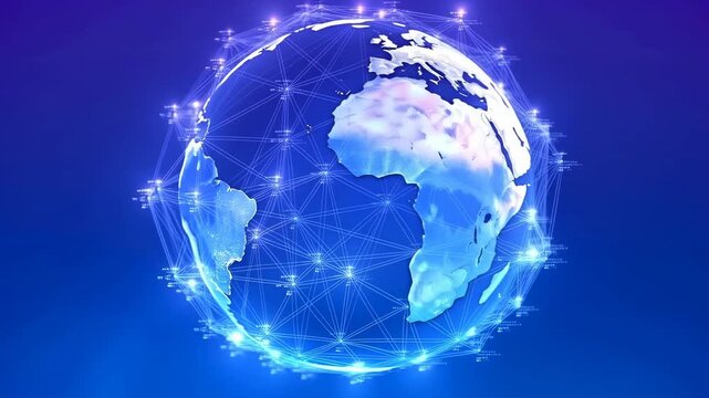 Rotating connected digital globe in an abstract blue network space. Technology presentations, telecommunications advertising, and internet service promotion.