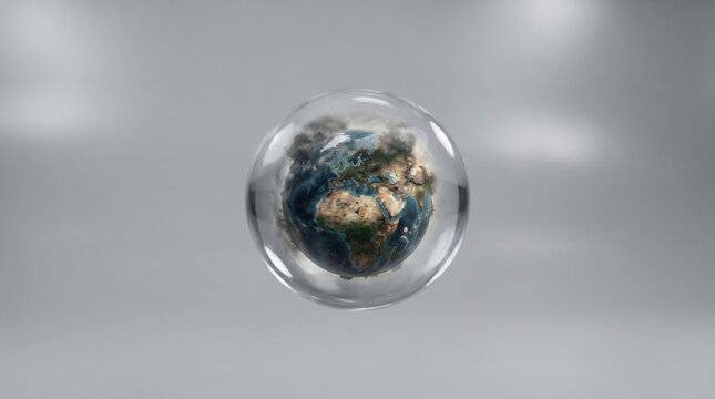 Earth globe in a glass sphere with soft gray background  