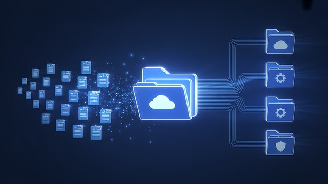 Digital data flowing from small files into organized cloud folders with network connections