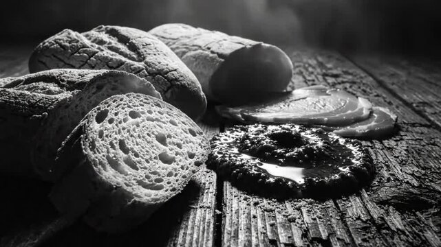 Black and white still life with rustic bread slices, meat, and dark dip on weathered wood surface