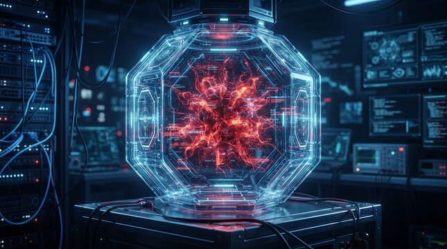 Futuristic scientific containment chamber holding a glowing red energy core or biological virus specimen in a dark high tech laboratory