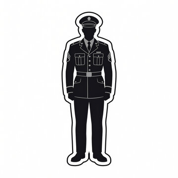Vector Silhouette Illustration of a Male Soldier Standing in Formal Military Dress Uniform with Peaked Cap, Professional Army Officer Graphic Isolated on White Background for Design