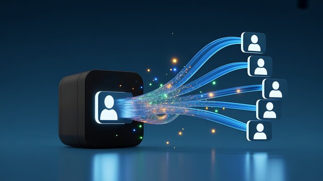 Digital data stream connecting a central hub to multiple user icons with glowing particles on a dark blue background