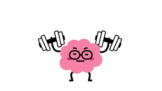 Animated flat doodle pink brain character in glasses exercising with dumbbells. Smart mind lifting weights, brain training and healthy lifestyle concept on white background