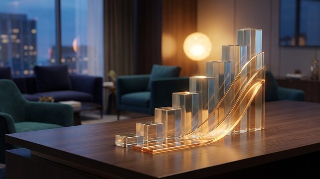 Glowing glass bar chart on office desk showing financial growth