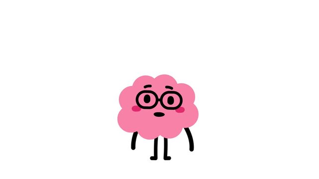 Animated confused pink brain character in glasses with question and exclamation marks. Flat doodle style cute smart brain character think  and ask question on white background