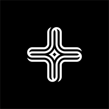 Futuristic abstract cross emblem built with intertwining monoline strokes and a central geometric diamond core. Ideal for biotech research, advanced medicine, plus digital health.
