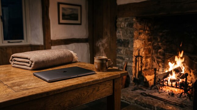 Cozy home office setup with a laptop on a wooden table beside a warm fireplace.