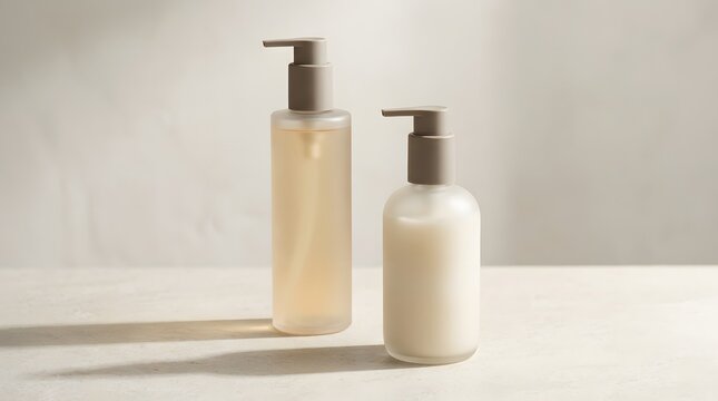 Elegant shampoo and conditioner bottle mockups a minimalist design presentation for cosmetic branding and product visualization in a modern bathroom setting