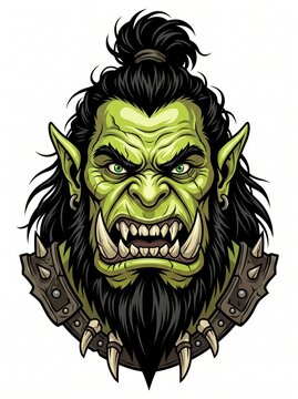 Fierce Green Orc Warrior Head Portrait with Snarling Tusks and Spiked Armor Collar