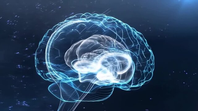 Glowing digital brain rotates in a dark blue wireframe space. Neuroscience education, medical presentation, and healthcare technology communication.