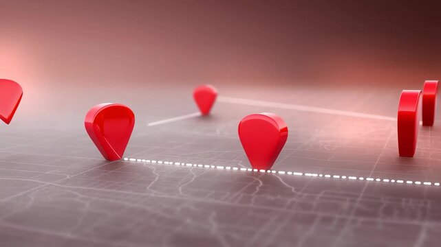 Animated red map pins move across a stylized digital map with dotted route lines. Mapping software presentations, navigation technology marketing, and logistics and delivery explainers.