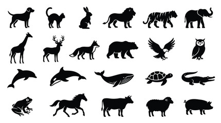 Fototapeta premium Collection of animal silhouettes including a dog lion and whale presented in black fauna