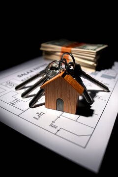 House Keys with Wooden Keychain on Floor Plan Blueprint with Stacks of Cash