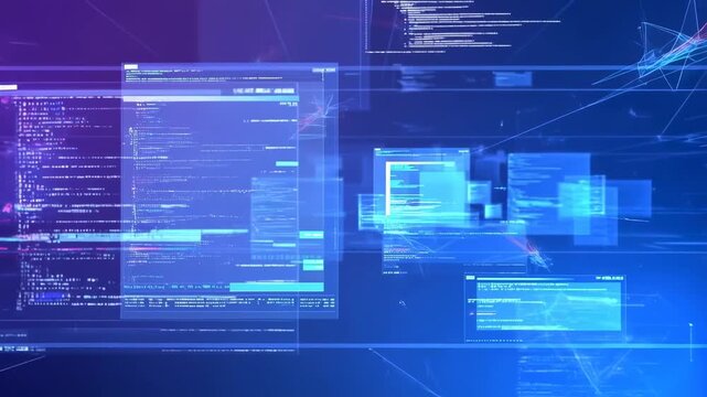 Scrolling code windows and network lines shift across a layered digital interface. Software development presentations, technology advertising, and programming education.