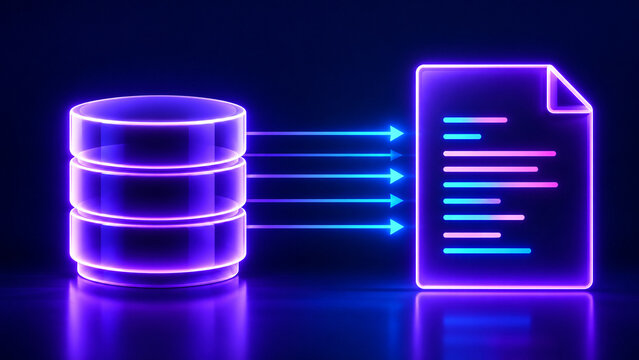 Neon glowing database server transferring digital data streams into a text document icon representing information processing