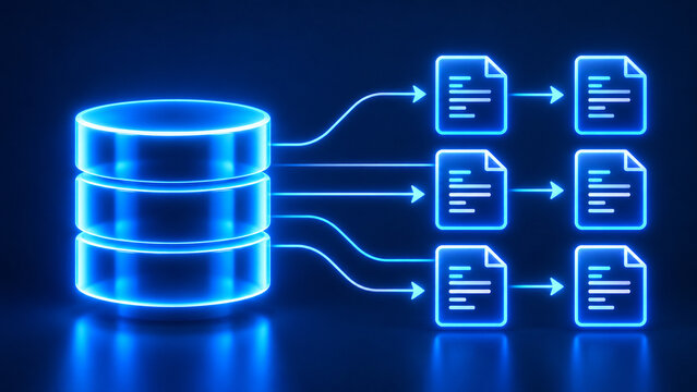Futuristic glowing database distributing digital data streams into multiple document files for automated batch processing