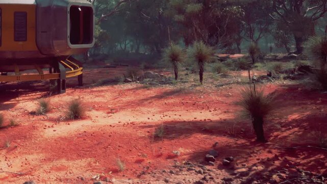 In a mysterious otherworldly scene, an unusual habitat sprawls with reddish soil and intriguing plant life under a misty atmosphere.