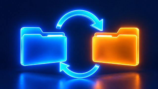 Glowing digital folders with synchronization arrows representing data migration file sharing and cloud backup processes
