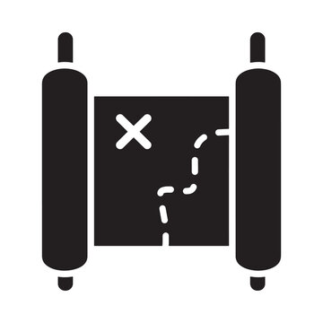 Treasure map with marked location black silhouette on white background