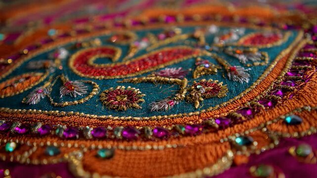Macro shot of intricate embroidery on Indian textile with beads and sequins. Detailed ethnic paisley fabric craftsmanship