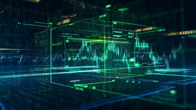 Futuristic data analytics interface with glowing charts and flowing numerical panels in a dark digital. Financial presentations, technology advertising, and data science education.