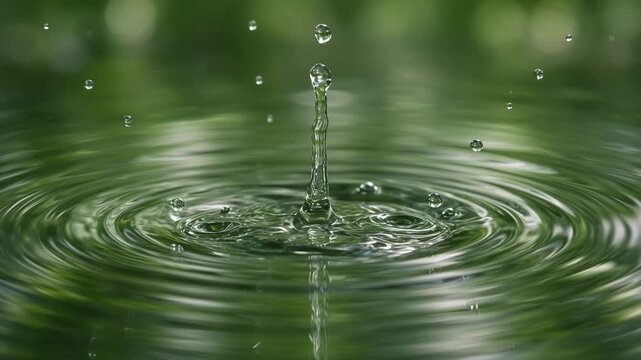 Close-up of a single water droplet splashing into a calm green pond creating concentric circular ripples and waves in a peaceful natural environment