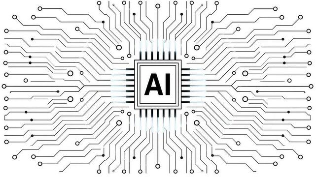 Artificial intelligence microprocessor concept with circuit board lines radiating from central AI chip on white background