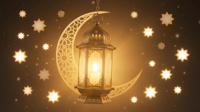 Islamic Lantern with Crescent Moon and Glowing Stars Background