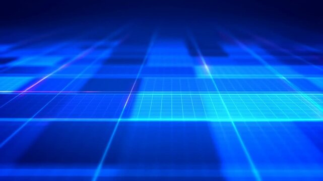 Blue digital grid recedes through a glowing futuristic data space. Technology presentations, software promotion, and data and networking media.