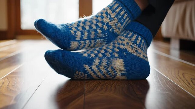 Person in warm blue patterned knitted wool socks resting feet on wooden floor. Cozy winter comfort lifestyle