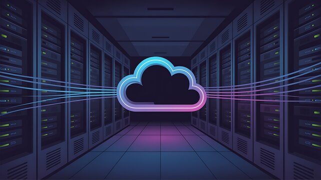 Glowing cloud icon connecting data streams in futuristic server room with neon lighting