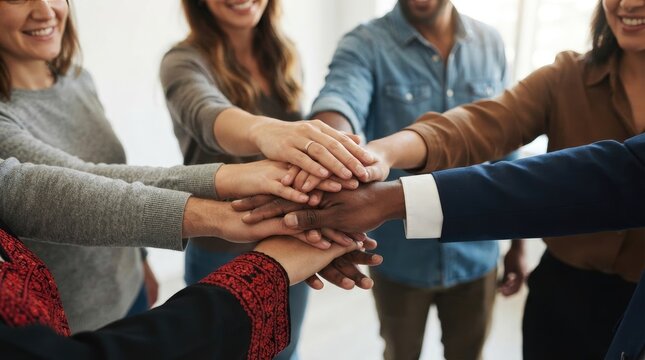 Diverse group of business professionals stacking their hands together in a show of unity and collaboration isolated on white background international day for tolerance