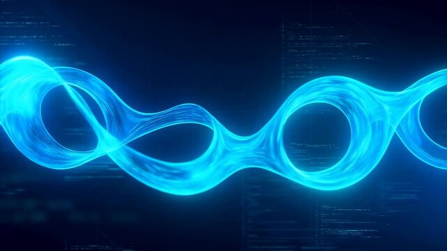 Blue light waves flow across an abstract digital field. Technology presentations, digital product branding, and science media.