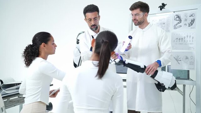 Group collaborates closely in a bright laboratory to design and test an advanced robotic arm prototype, fostering innovation and teamwork in engineering research.