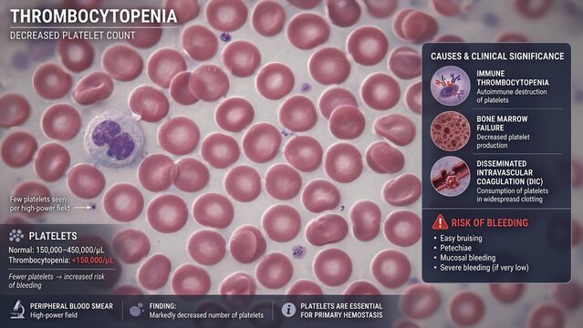 3d medical illustration of blood smear model showing thrombocytopenia with decreased platelet count per high power field, underlying causes like bone marrow failure, and increased bleeding risk