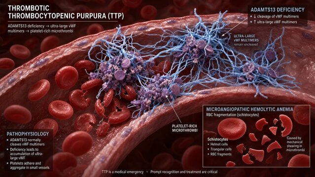 Scientific medical render of blood vessel model depicting thrombotic thrombocytopenic purpura featuring vwf-cleaving protease deficiency, platelet-rich microthrombi, and microangiopathic anemia