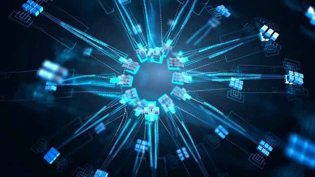 Glowing digital network nodes connect around a central particle sphere in an abstract technological space. Technology presentations, cybersecurity explainers, and cloud computing campaigns.