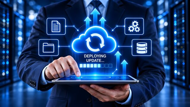 IT professional deploying software update to cloud server network via tablet with holographic digital interface showing database synchronization and file management