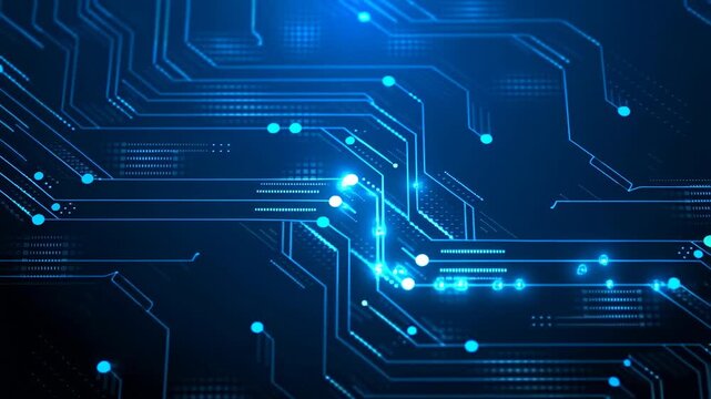 Glowing circuit pathways carry light pulses across a dark digital technology background. Technology presentations, cybersecurity explainers, and software promotion.