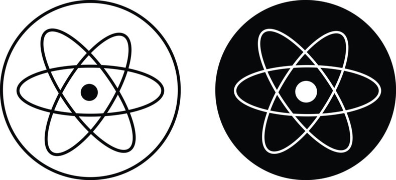 Scientific atom model icon set vector inside circular frame. Nuclear energy and physics structure symbol for chemistry science concept. Black outline and inverted circle atomic 
