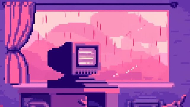 Retro computer workstation flickers in a cozy home office beside a rainy window. Technology presentations, retro computing education, and gaming media.