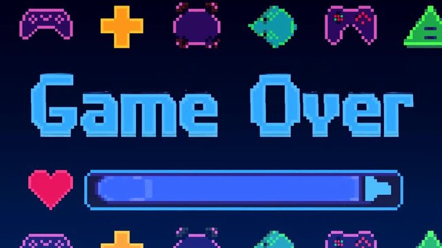Pixel art game over screen animates on a dark arcade interface. Game development, gaming channel graphics, and arcade game promotion.