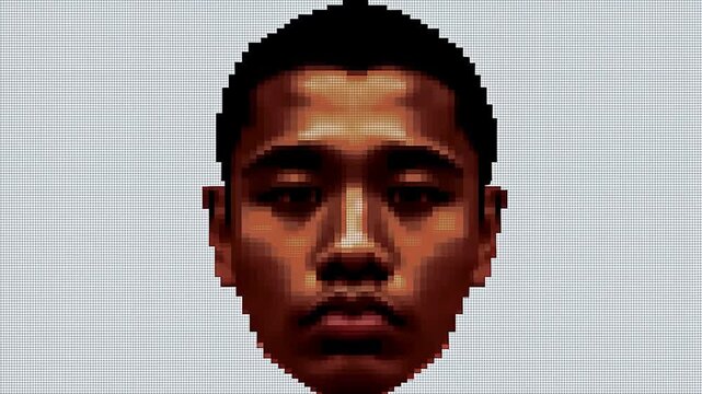 Pixel art human face subtly changes expression on a digital grid. Technology presentations, biometric security campaigns, and digital identity education.