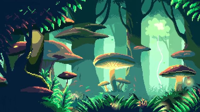Pixel art mushroom forest glows beneath tall trees and ferns in an enchanted woodland. Fantasy game environment, storybook production, and children s.