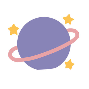 pastel planet with a curved ring and tiny star accents